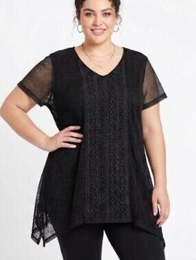 Catherines Black Mesh Lace Overlay V-Neck Top